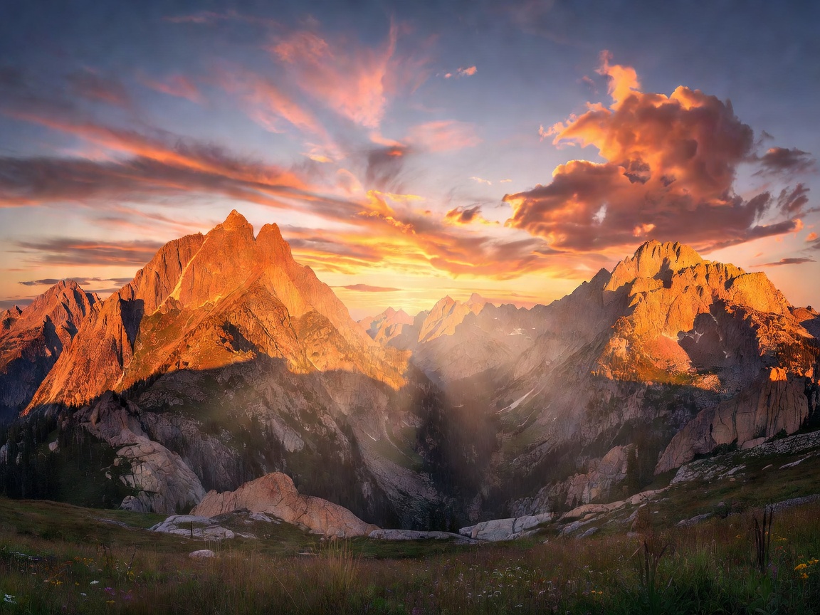 Majestic glowing mountain sunset landscape
