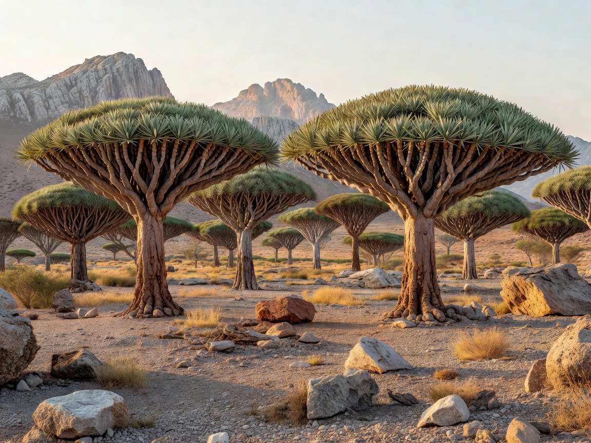 Alien dragon blood trees on Socotra Island beach