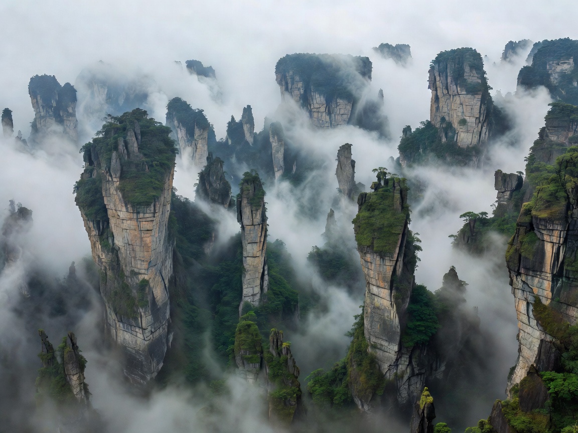 Zhangjiajie Quartz Sandstone Pillars in fog
